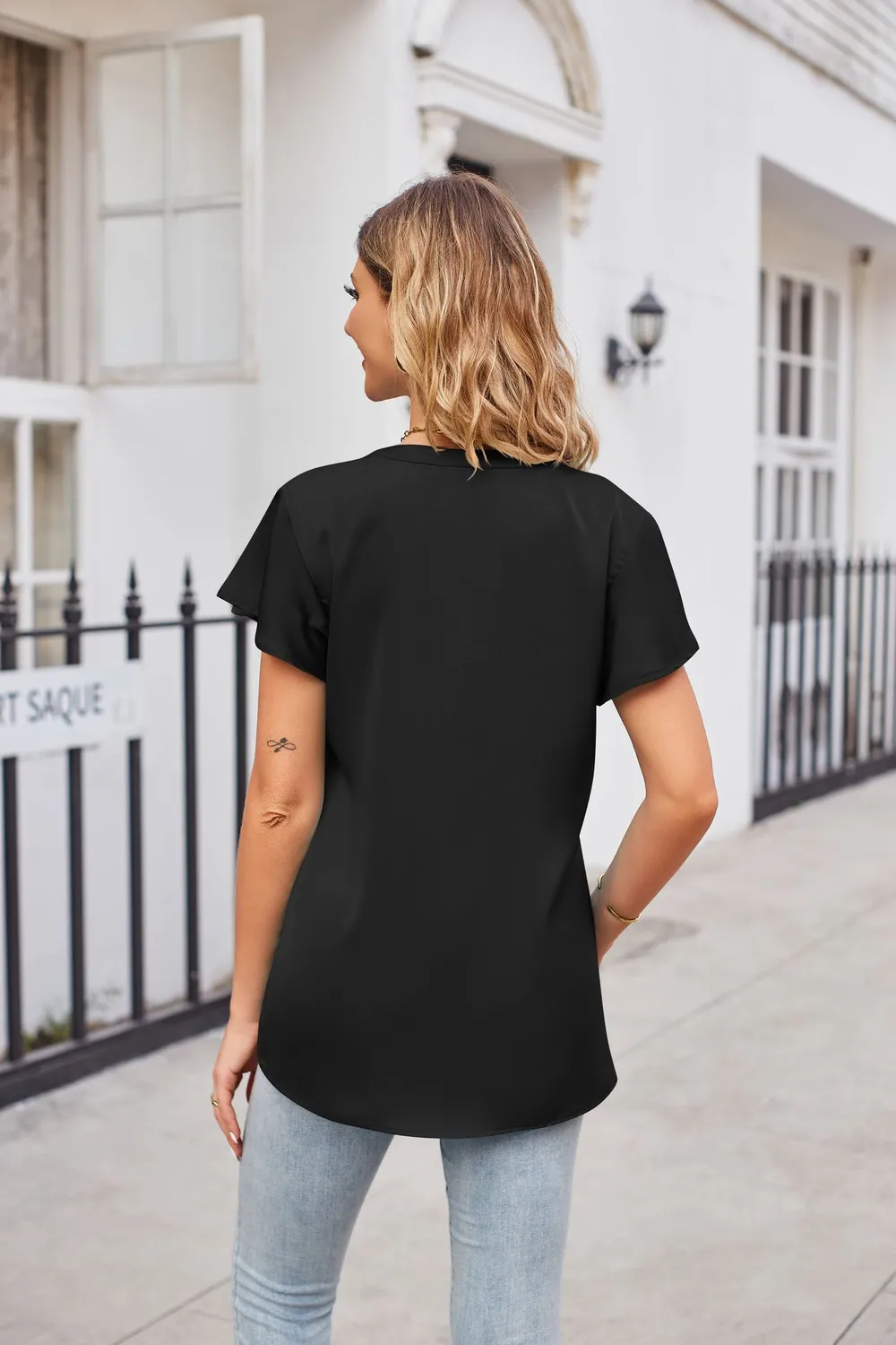 Notched Neck Flutter Sleeve Satin Top, image 14