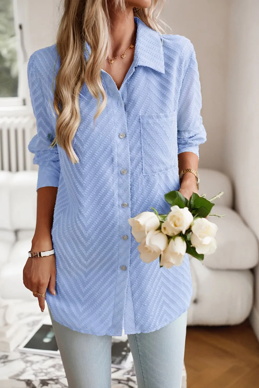 Collared Neck Long Sleeve Pocketed Shirt, image 10