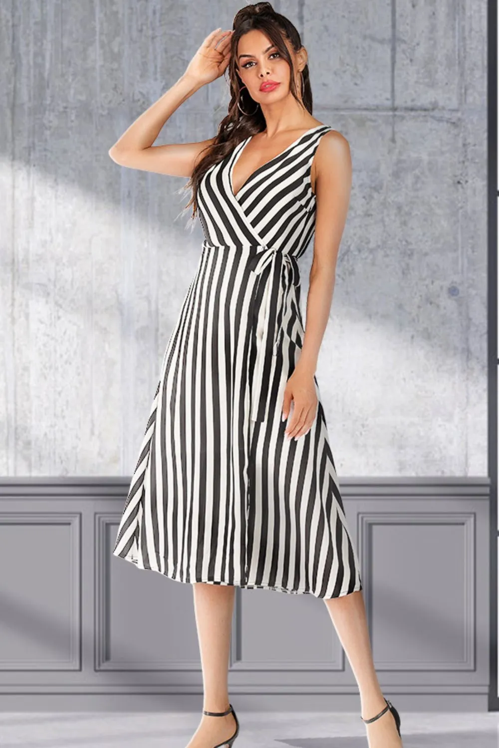 Striped Surplice Tied Sleeveless Dress, image 2