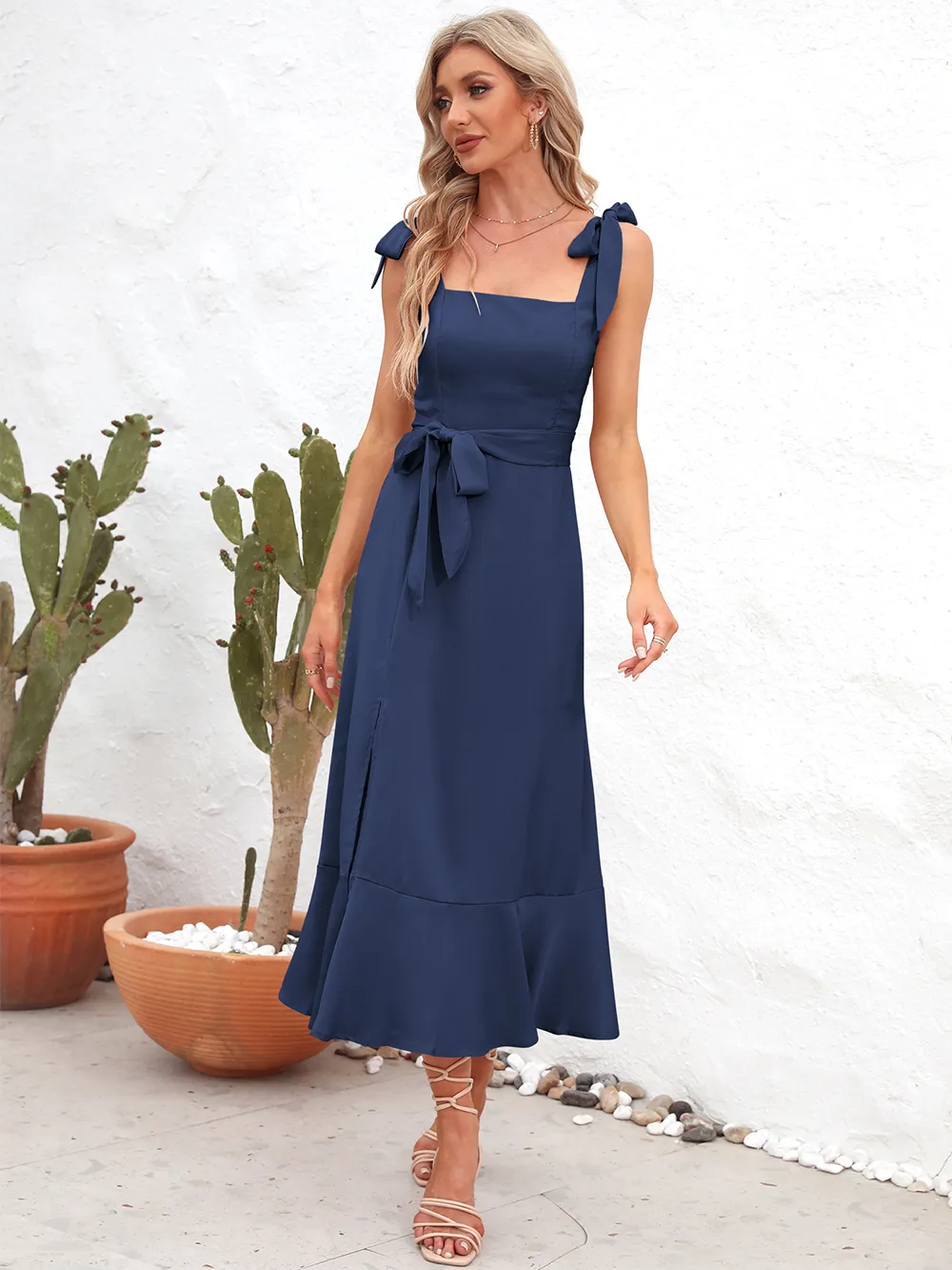 Square Neck Tie Strap Midi Dress, image 5