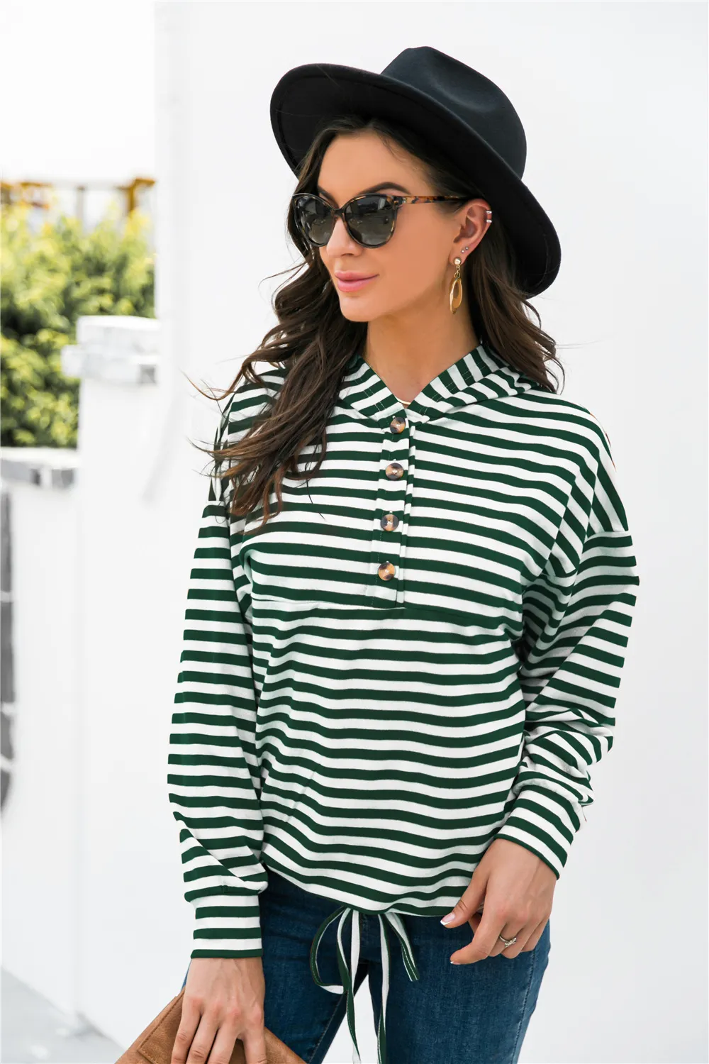 Striped Half-Button Dropped Shoulder Hoodie, image 3