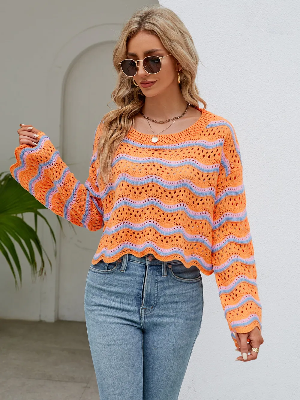 Round Neck Openwork Flare Sleeve Knit Top, image 2