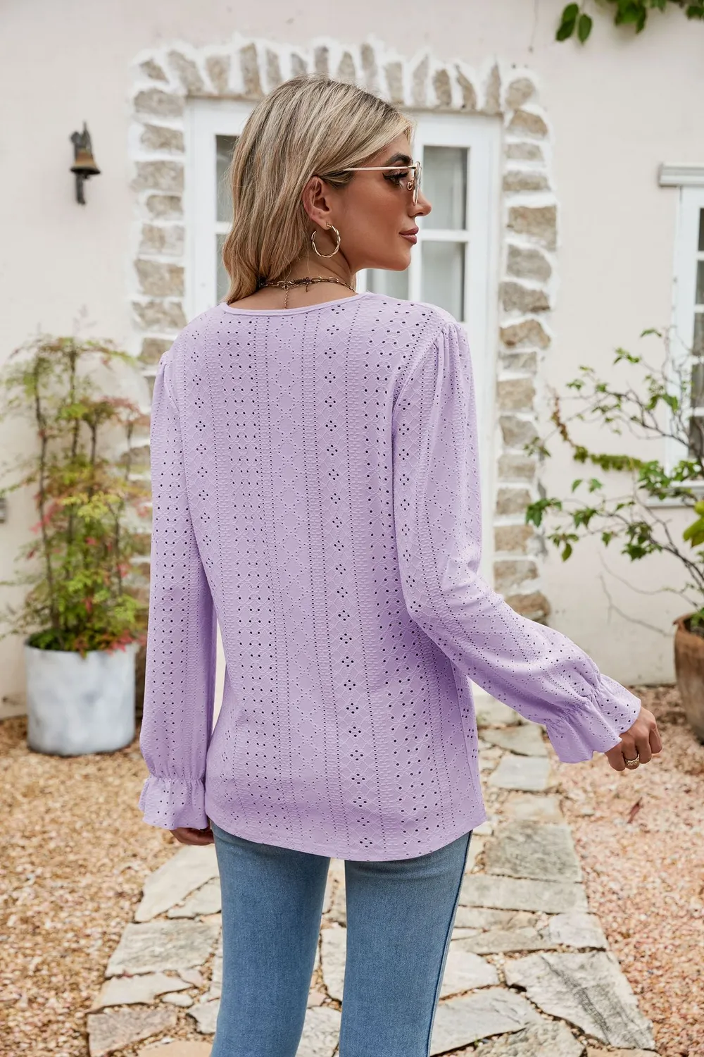 Eyelet Lace Trim Flounce Sleeve Blouse, image 4