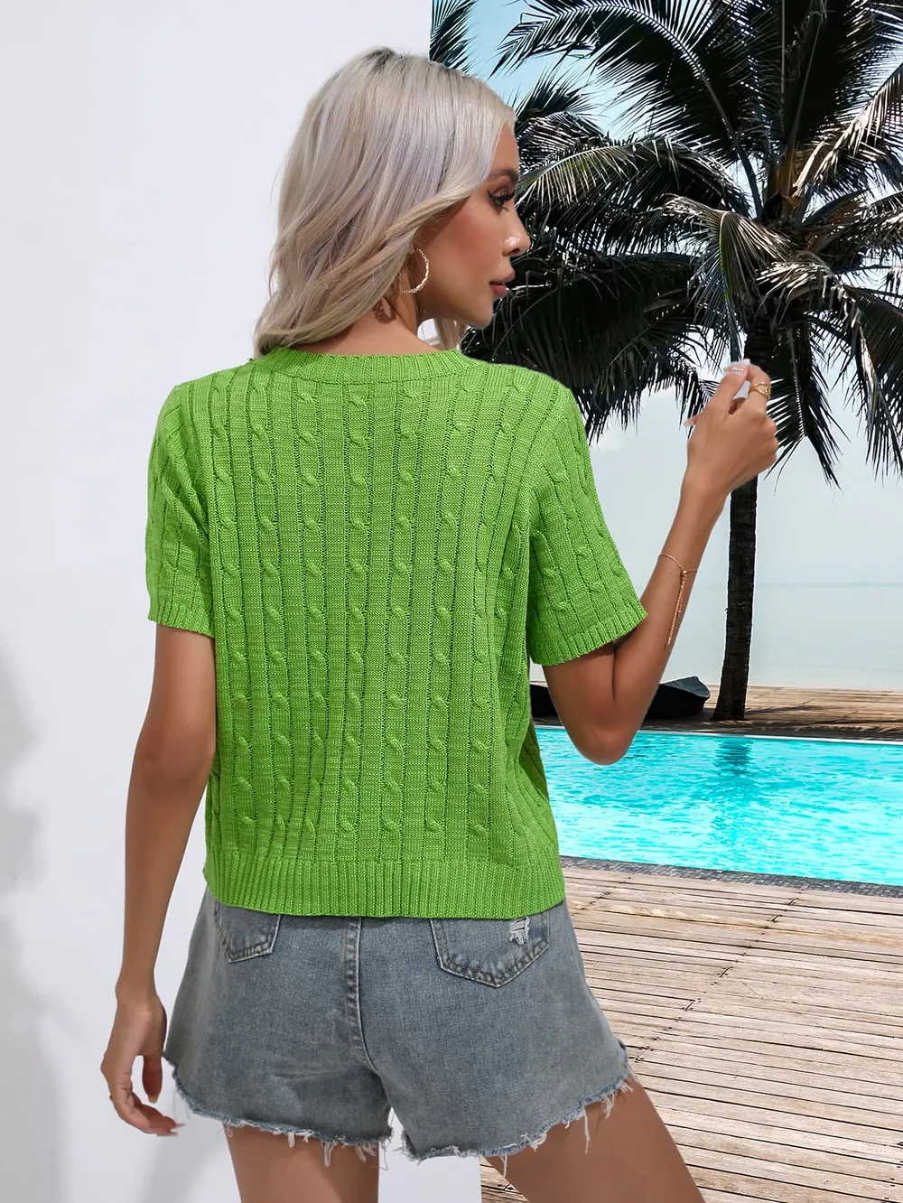 Cable-Knit Round Neck Short Sleeve Knit Top, image 2
