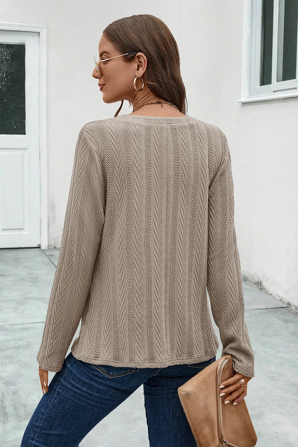 Buttoned Notched Neck Long Sleeve T-Shirt, image 3