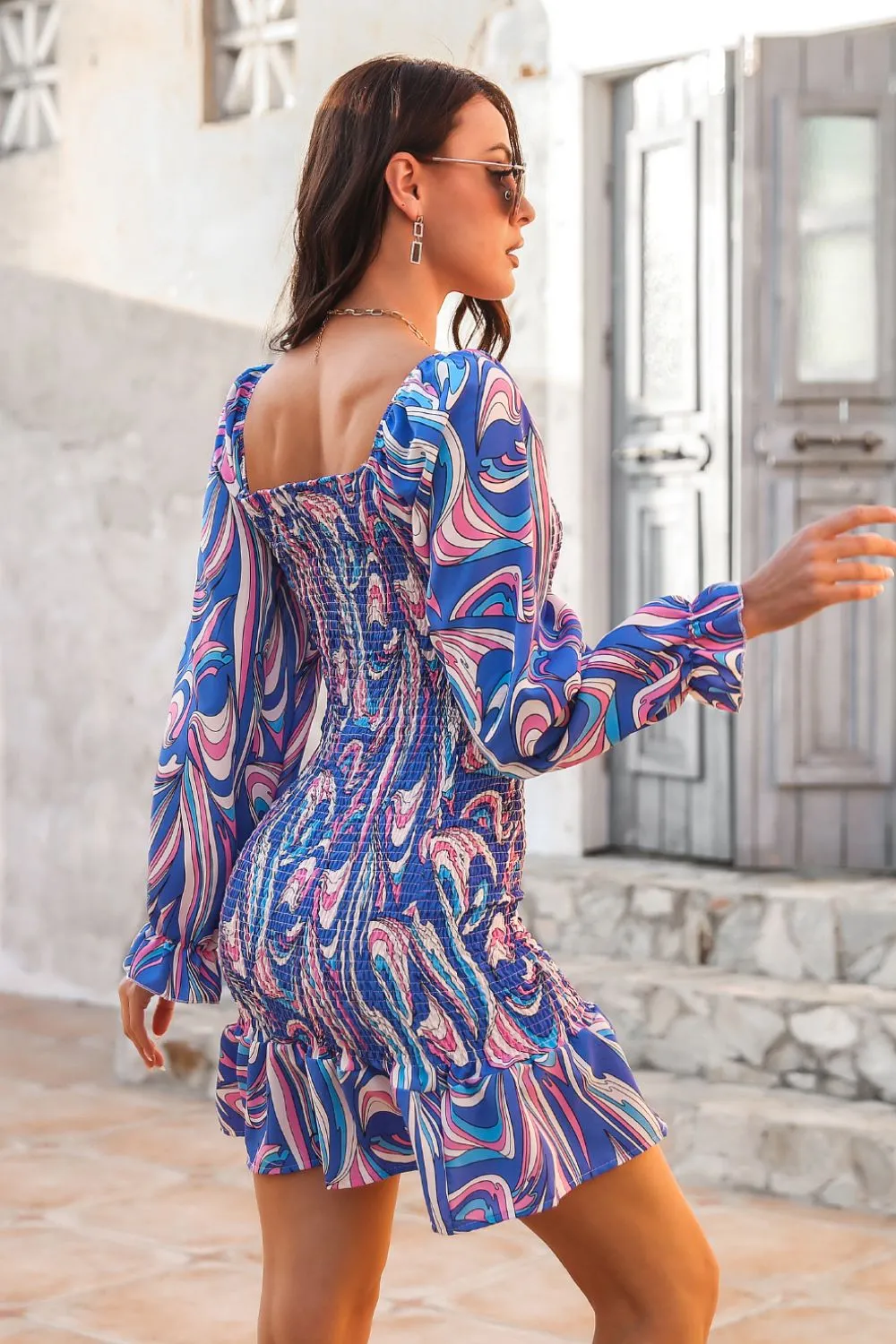 Abstract Print Square Neck Smocked Dress, image 2