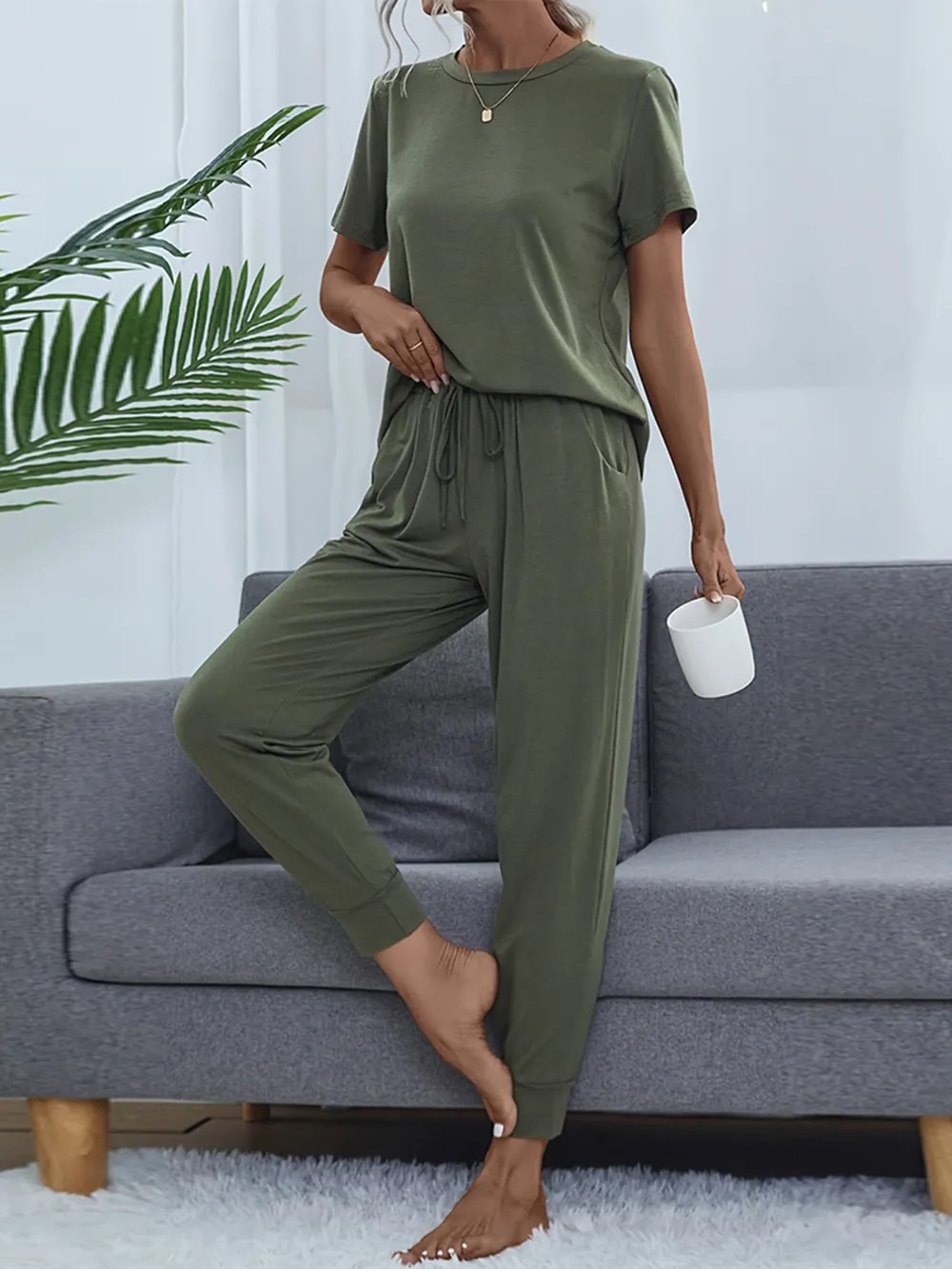 Round Neck Short Sleeve Top and Pants Set, image 2