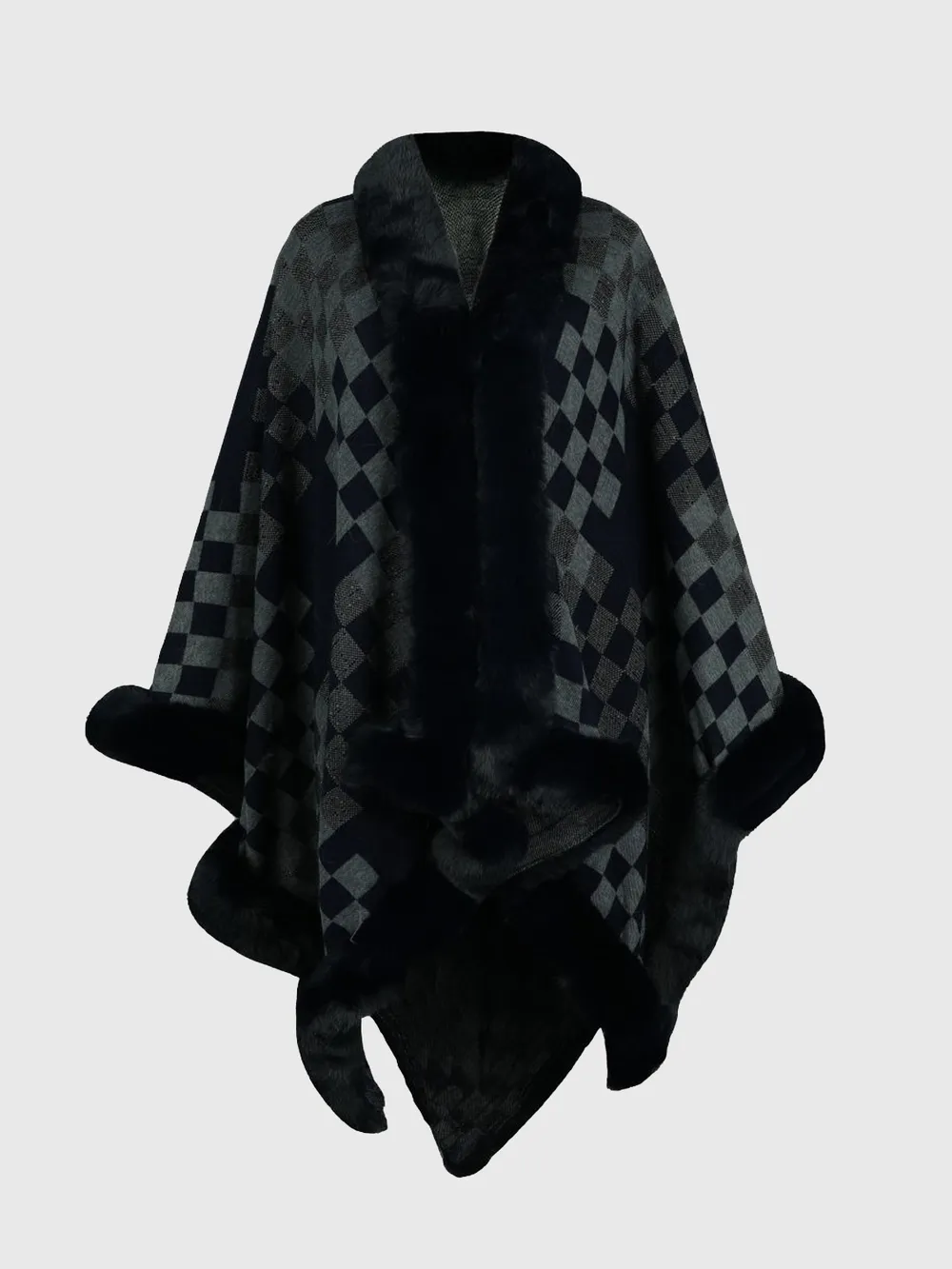 Checkered Faux Fur Trim Poncho, image 6