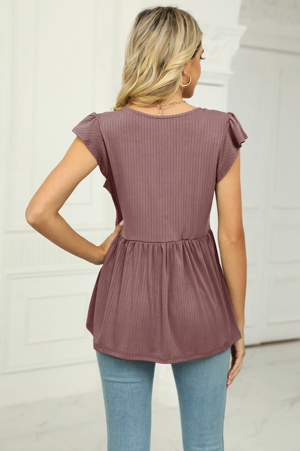 V-Neck Flutter Sleeve Babydoll Blouse, image 7