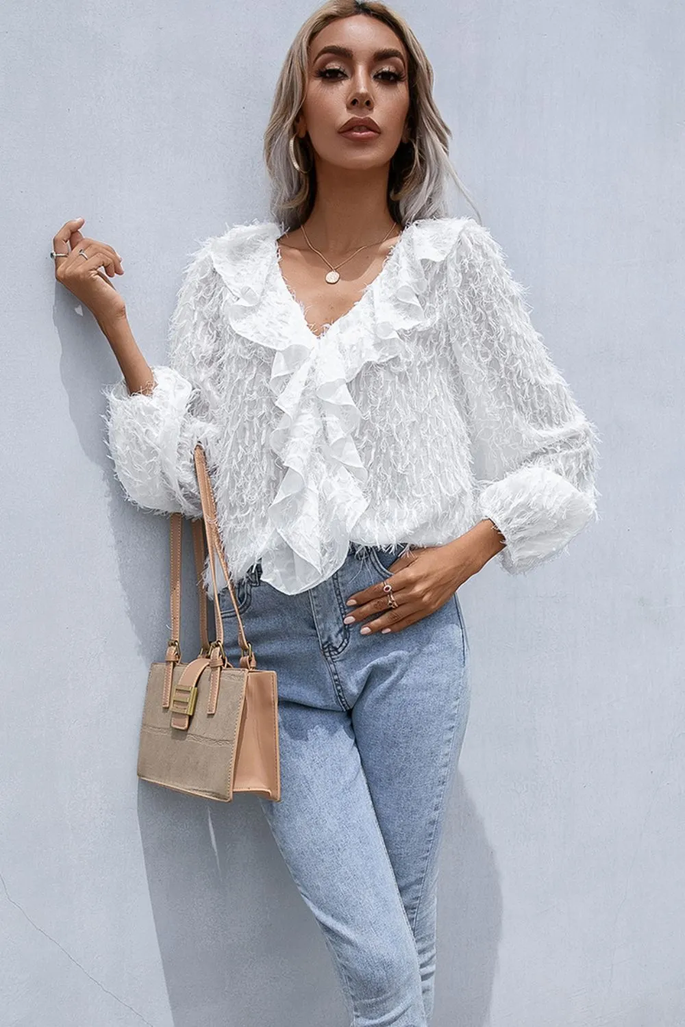Ruffle Hem Fringe V-Neck Balloon Sleeve Blouse, image 9