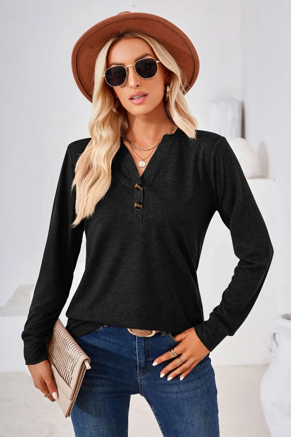 V-Neck Buttoned Long Sleeve Blouse