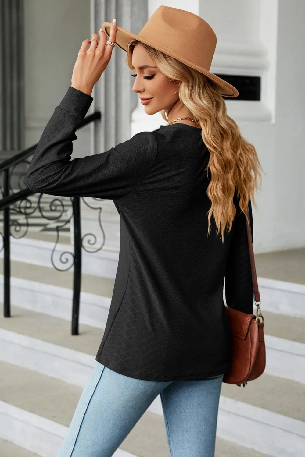 Notched Neck Long Sleeve Buttoned Blouse, image 9
