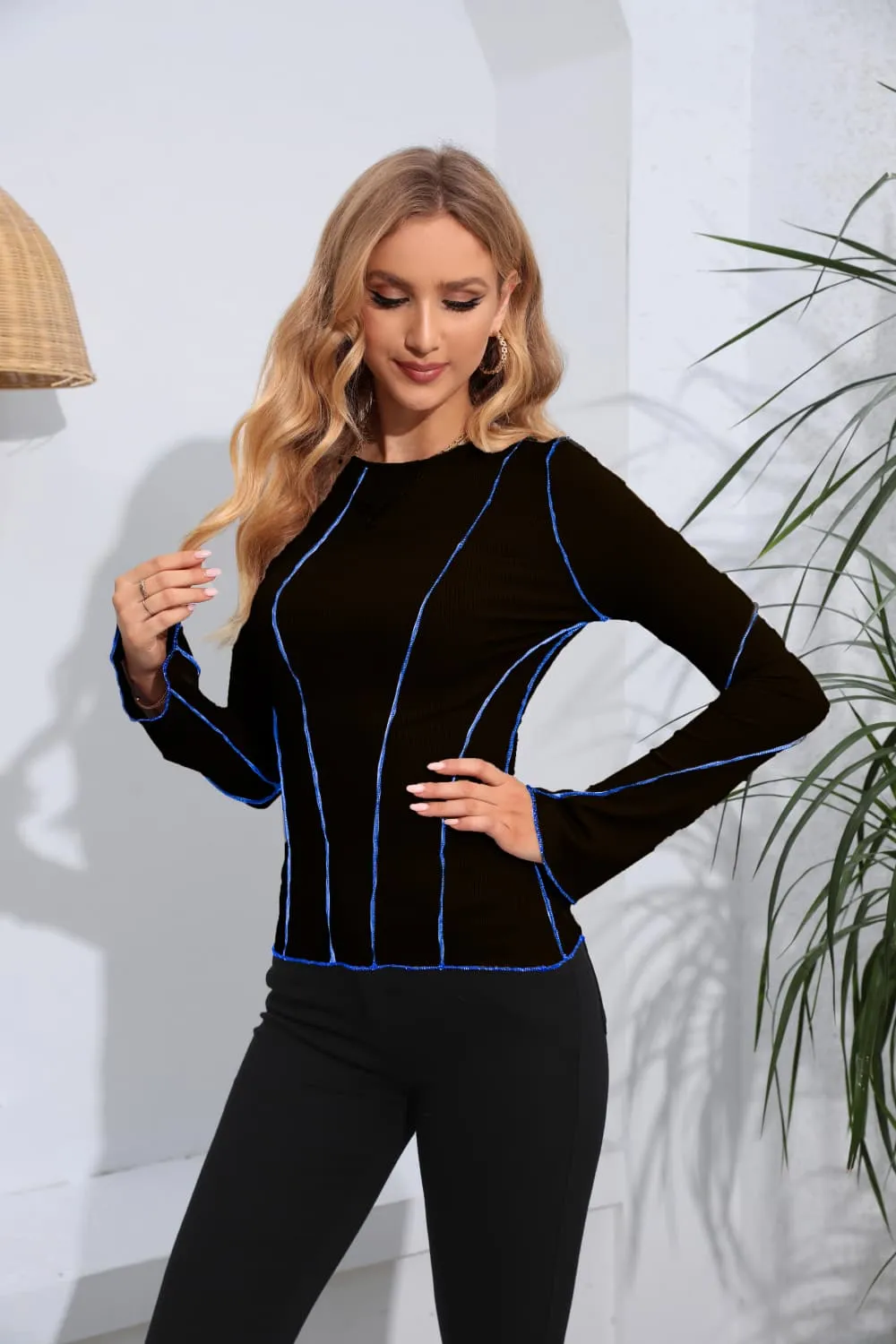 Ribbed Round Neck Long Sleeve Blouse, image 3