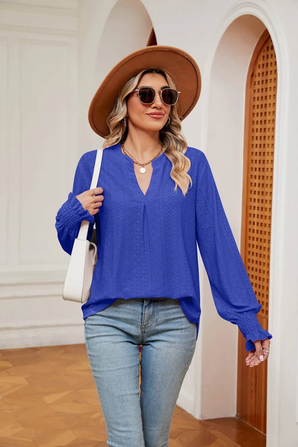 Notched Neck Flounce Sleeve Blouse, image 2