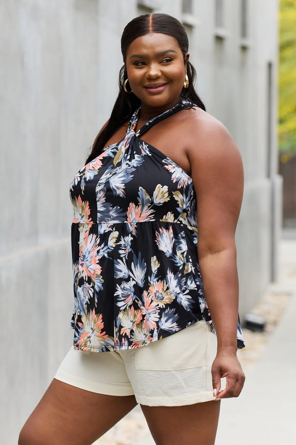Full Size Floral Halter Top in Black, image 8