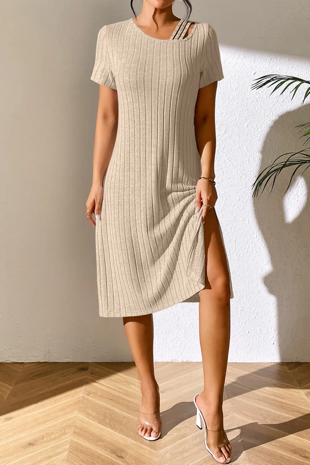 Ribbed Asymmetrical Neck Short Sleeve Dress, image 11