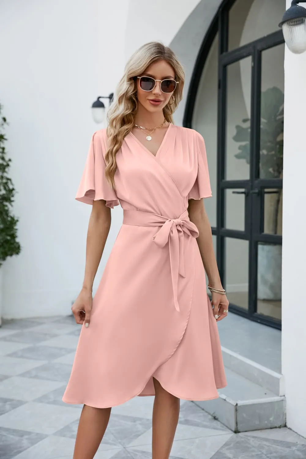 Tie Waist Flutter Sleeve Surplice Dress, image 5