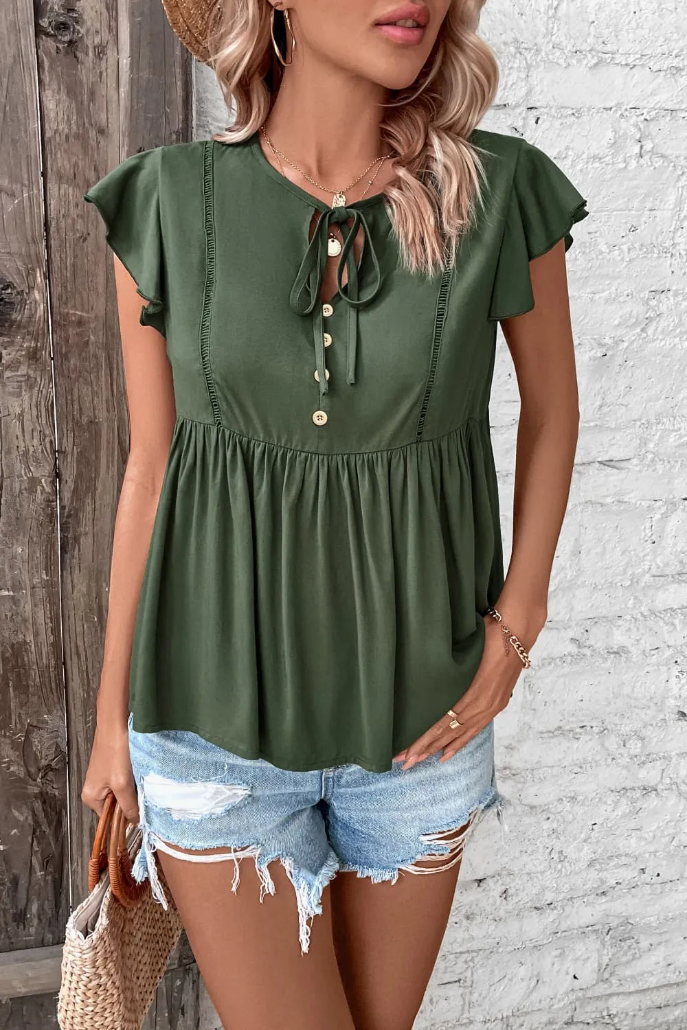 Buttoned Tie Neck Flutter Sleeve Babydoll Top, image 3