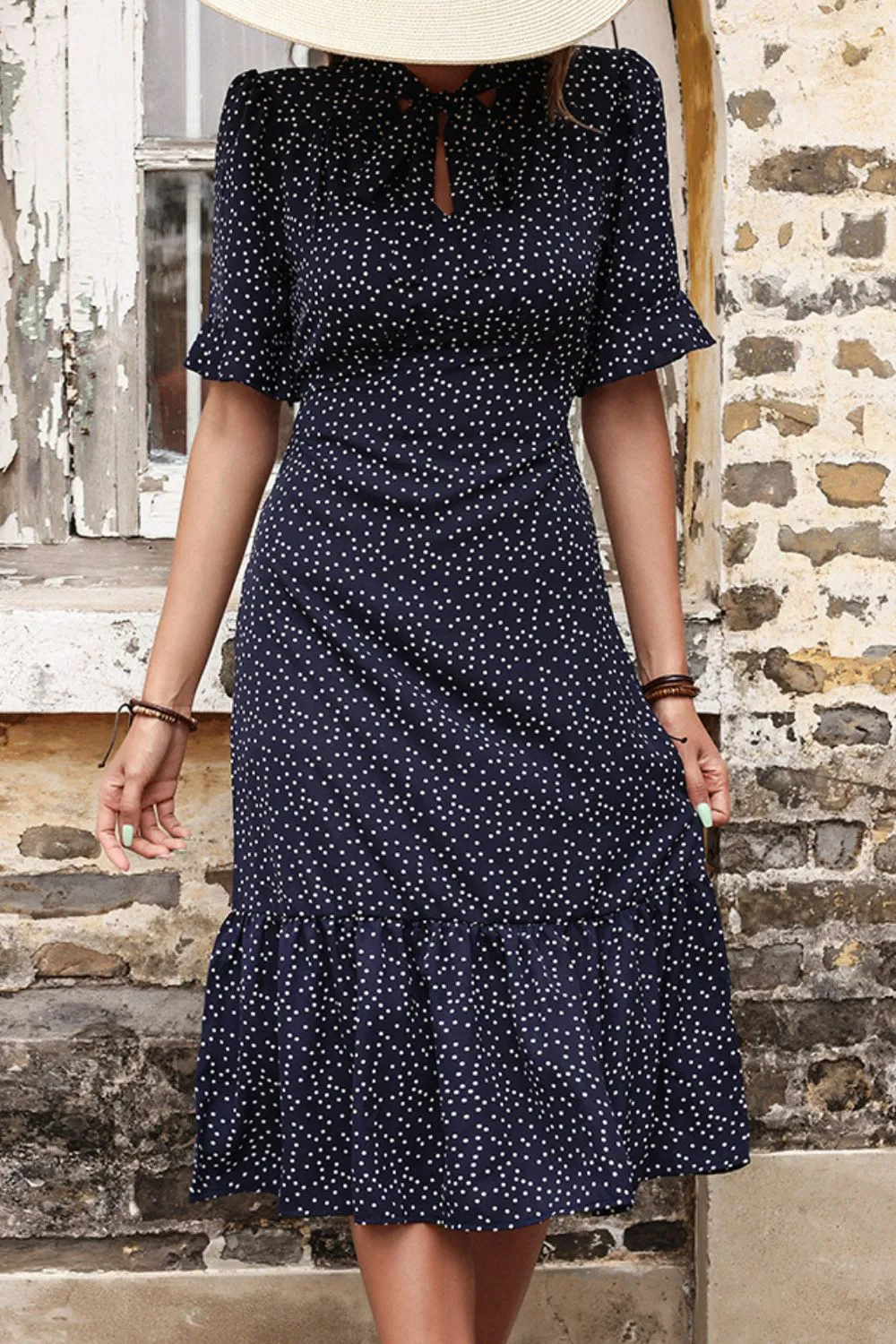 Polka Dot Tie Front Ruffled Midi Dress, image 2