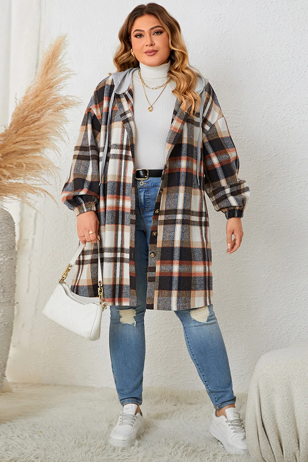 Plus Size Plaid Drop Shoulder Hooded Coat, image 2