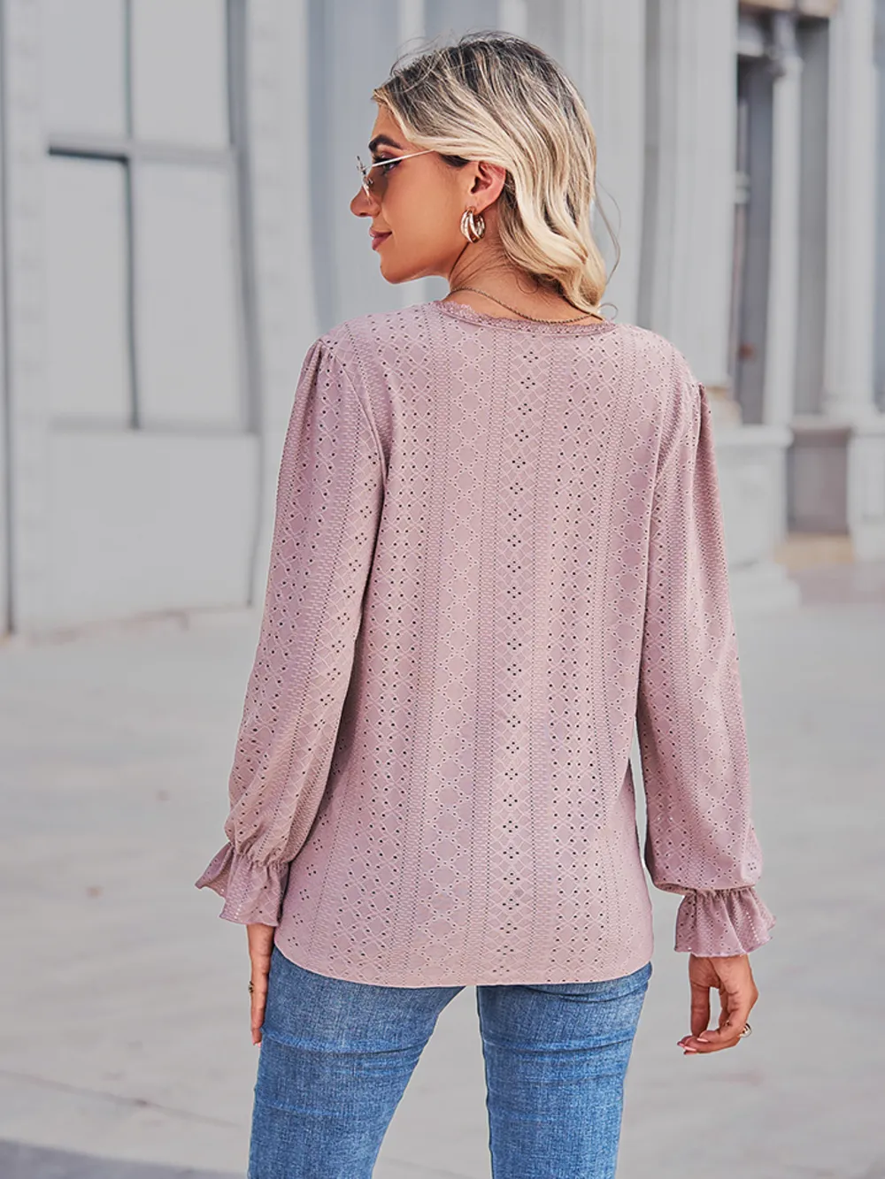 Eyelet V-Neck Flounce Sleeve Blouse, image 9