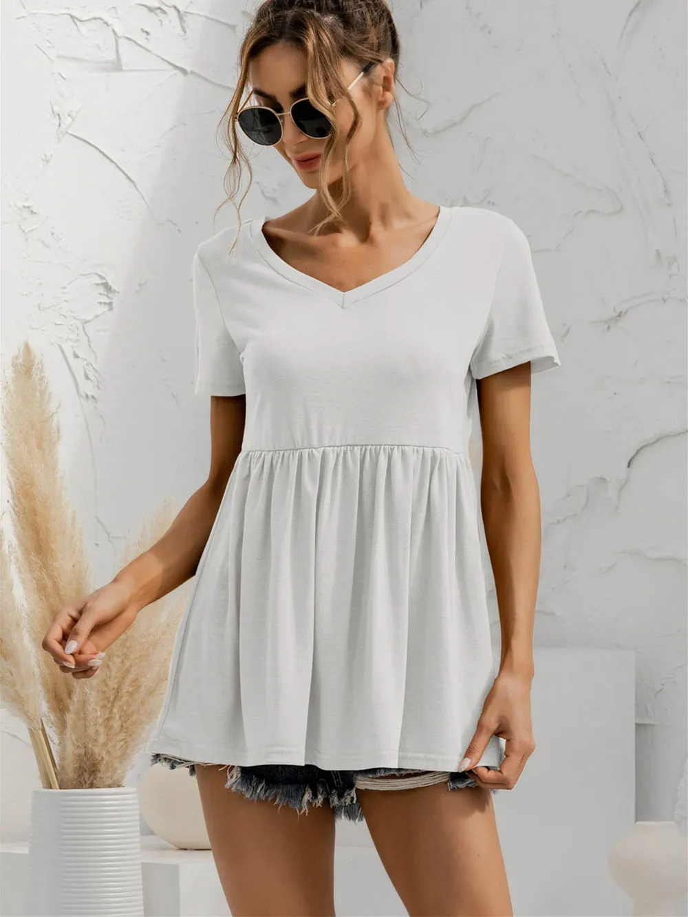 V-Neck Short Sleeve Babydoll Top, image 2