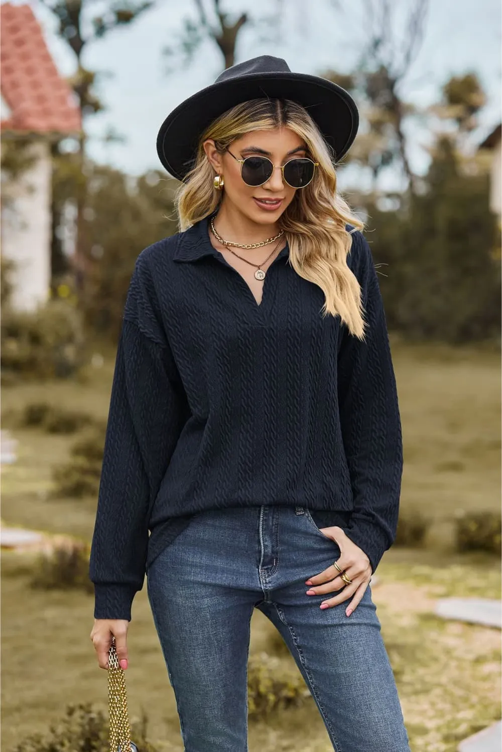 Collared Neck Cable-Knit Long Sleeve Blouse, image 22