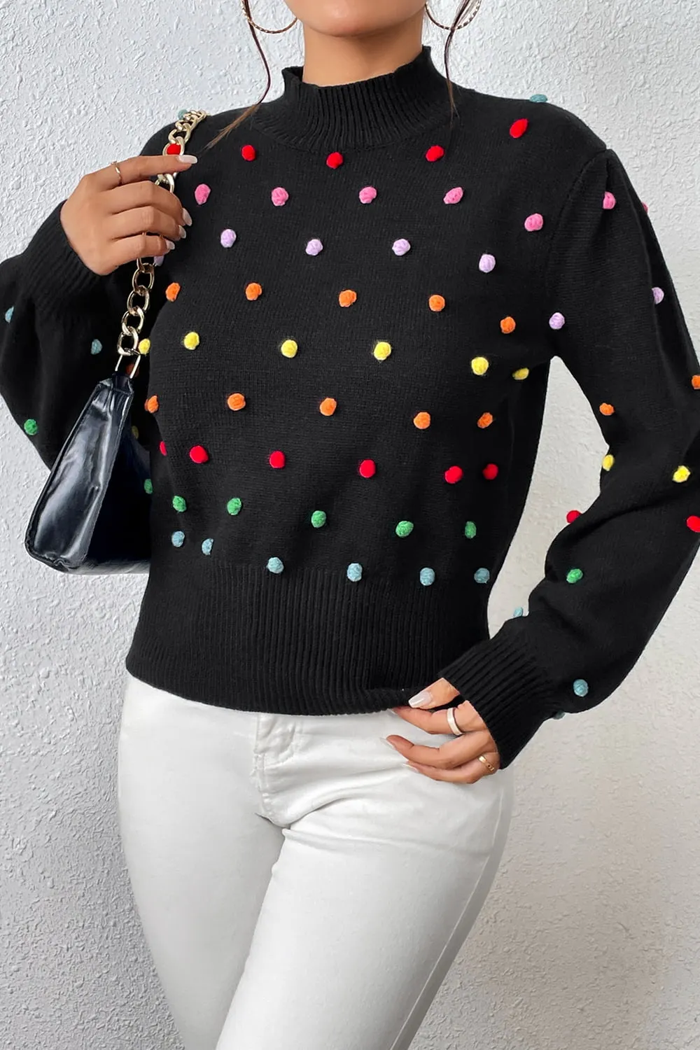 Pom-Pom Trim Mock Neck Long Sleeve Pullover Sweater, image 11