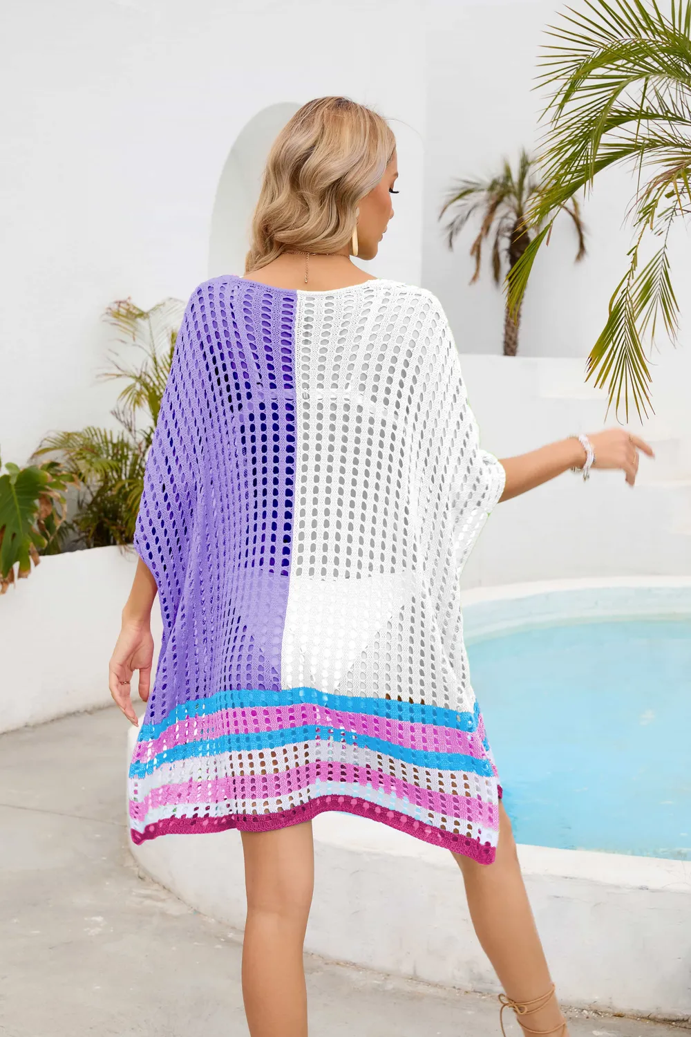 Contrast Scoop Neck Openwork Half Sleeve Cover Up, image 7