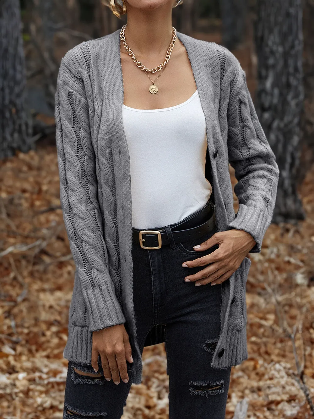 Cable-Knit Button Down Cardigan, image 2
