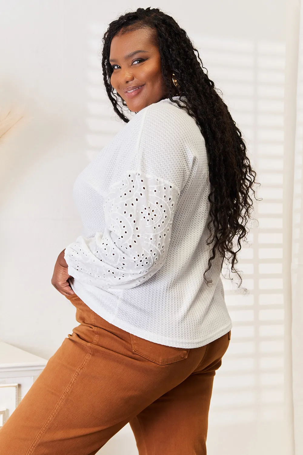 Eyelet Dropped Shoulder Round Neck Blouse, image 3