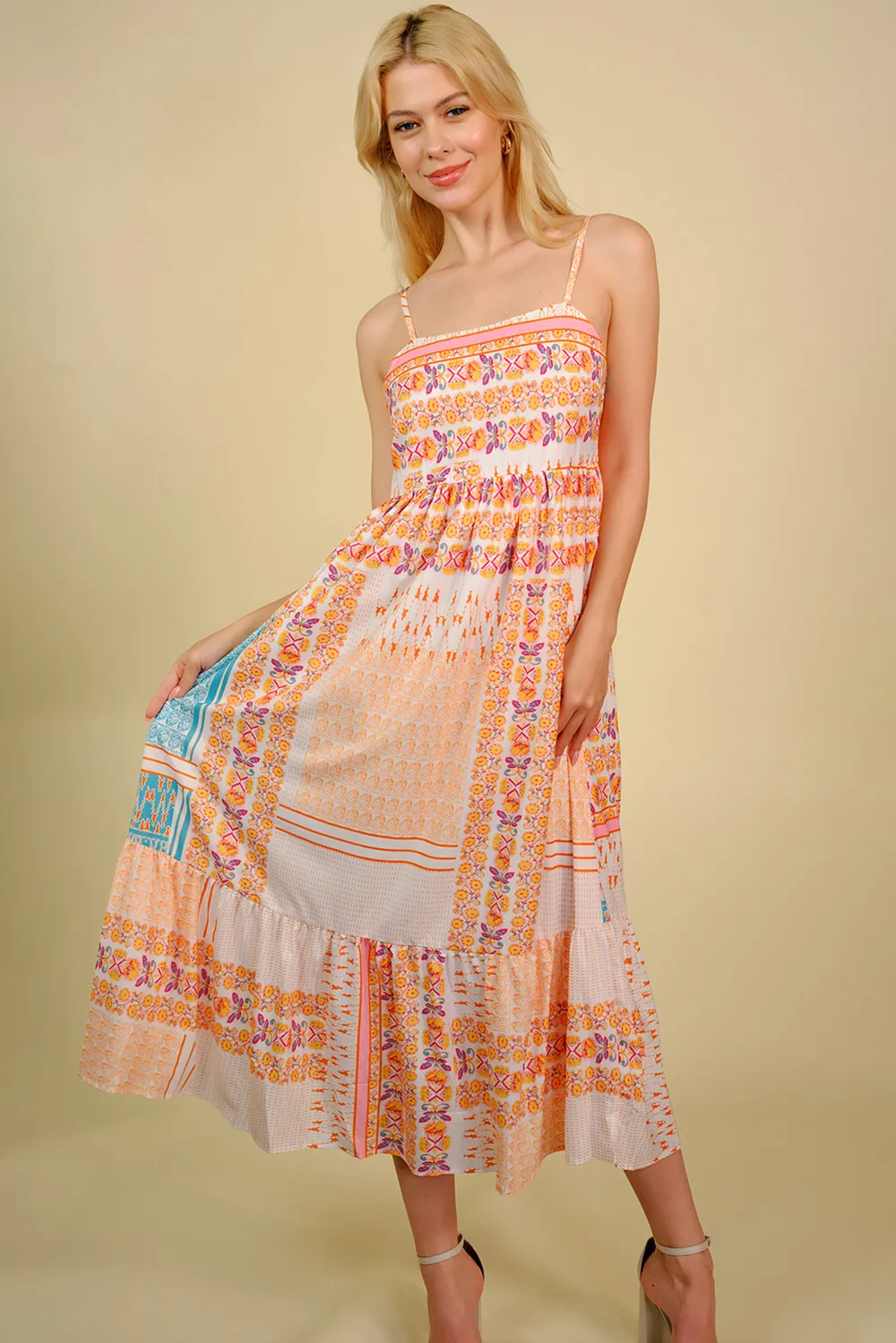 Printed Spaghetti Strap Smocked Midi Dress, image 2