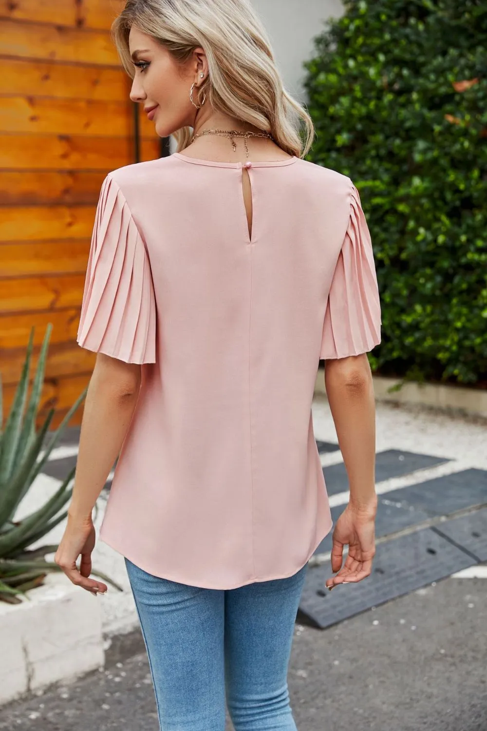 Pleated Flutter Sleeve Round Neck Blouse, image 3