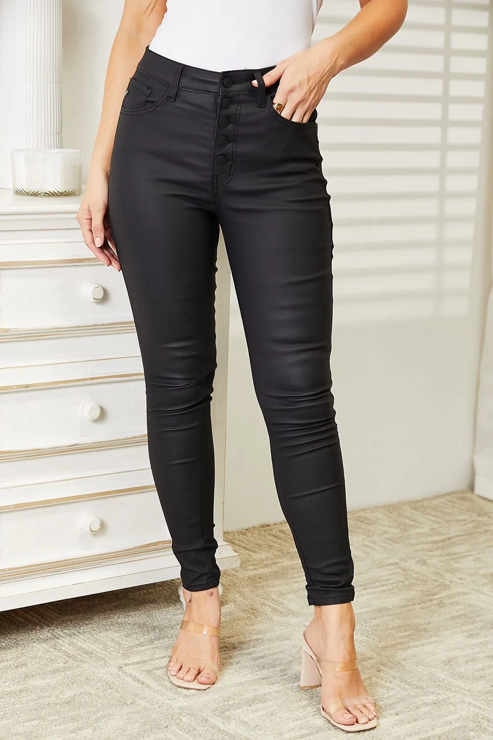 Full Size High Rise Black Coated Ankle Skinny Jeans, image 4