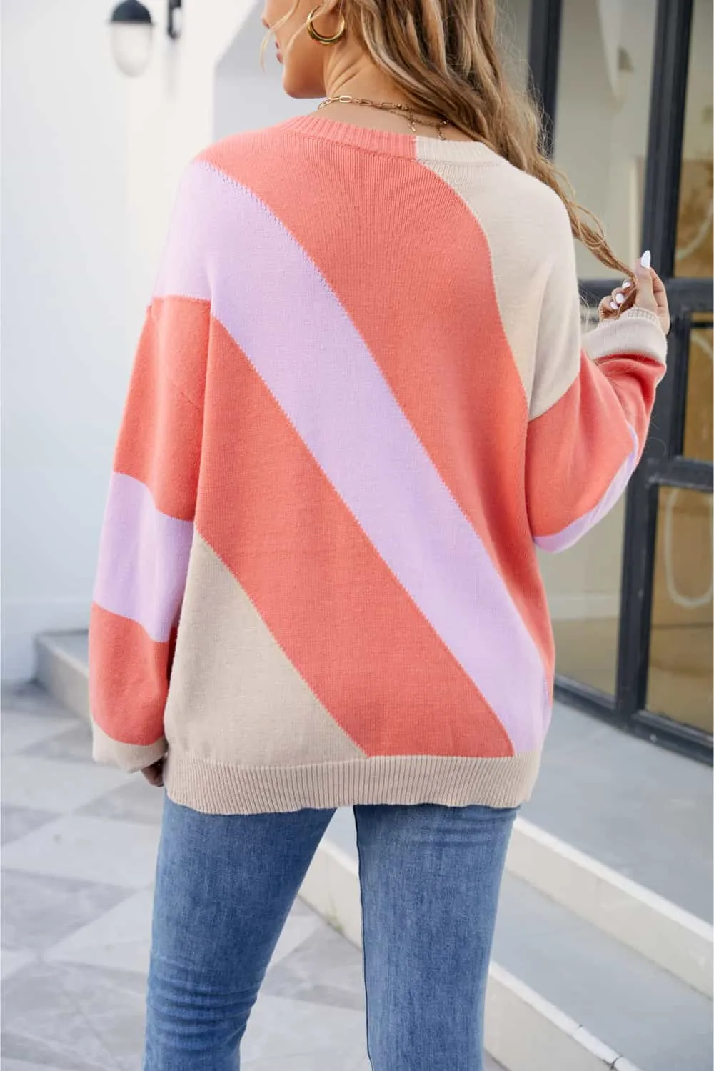 Color Block Ribbed Round Neck Sweater, image 6