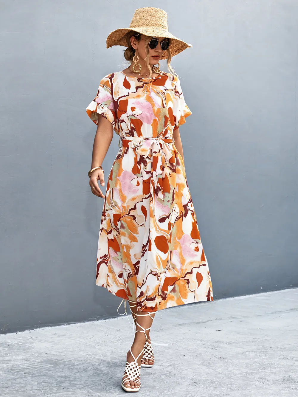 Round Neck Short Sleeve Tie Waist Midi Dress, image 3