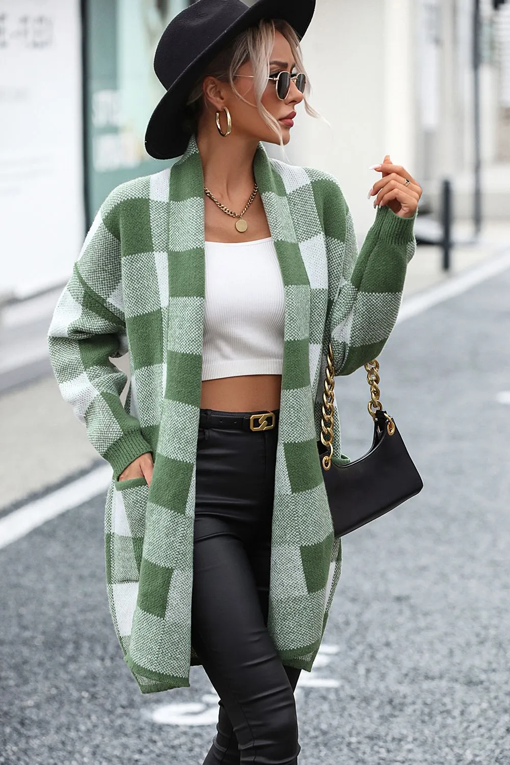 Plaid Dropped Shoulder Cardigan with Pocket, image 4