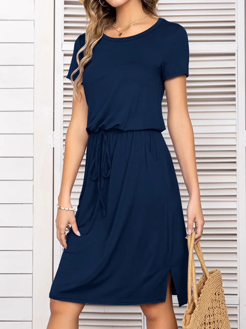 Round Neck Short Sleeve Slit Dress with Pockets, image 4