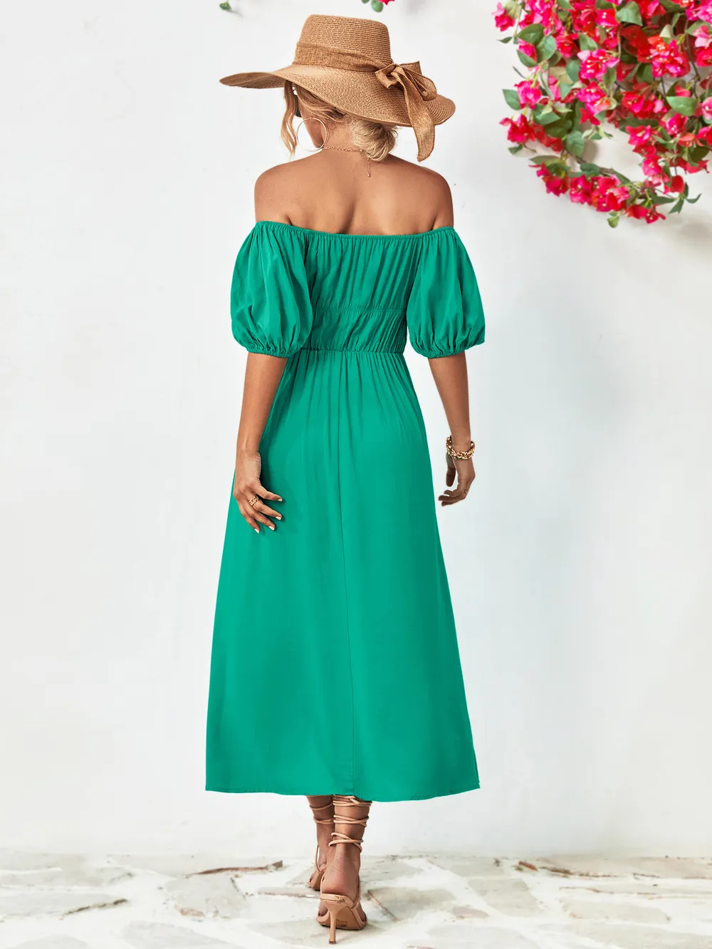 Off-Shoulder Balloon Sleeve Midi Dress, image 2