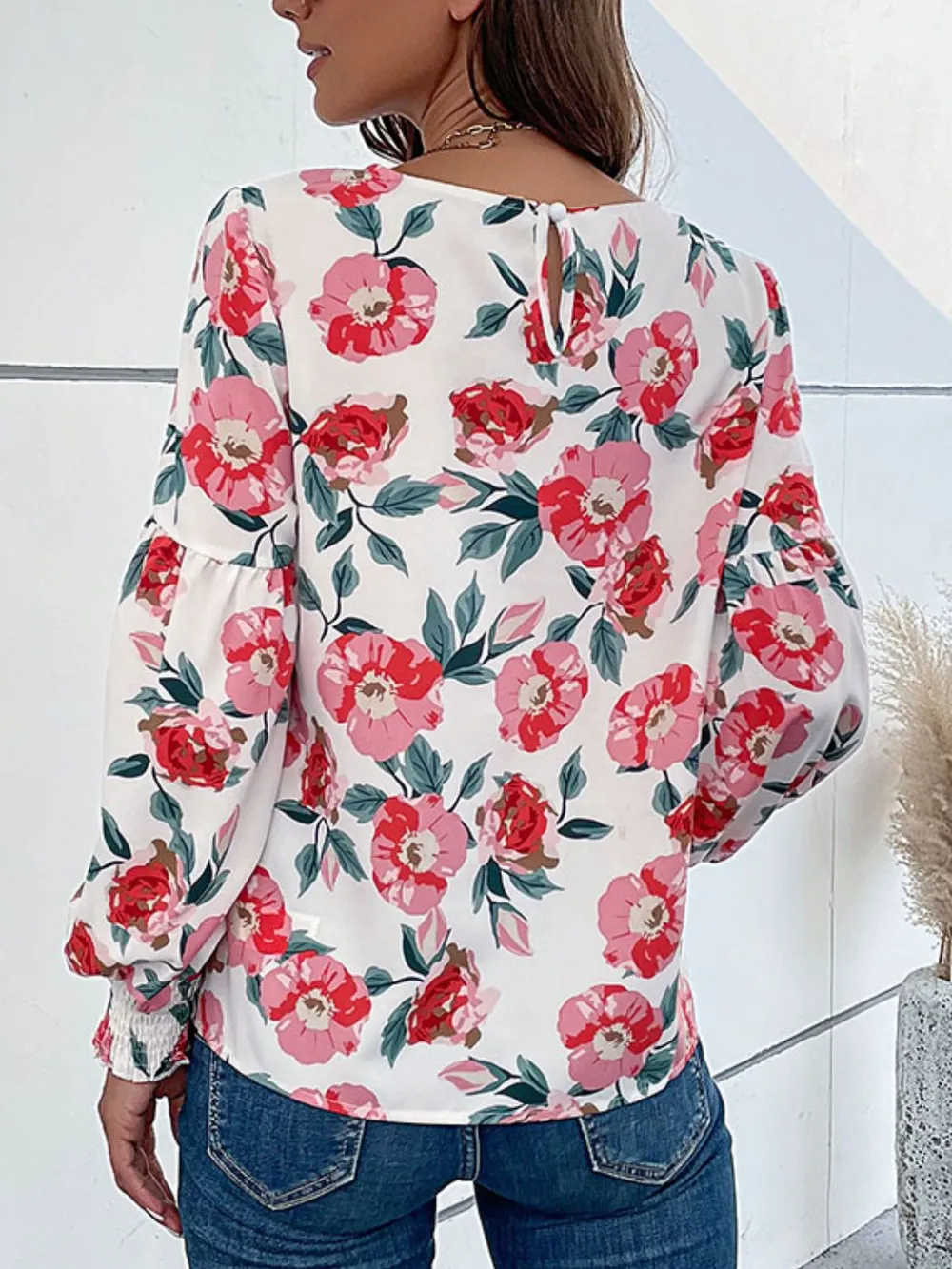 Floral Long Puff Sleeve Round Neck Blouse, image 2