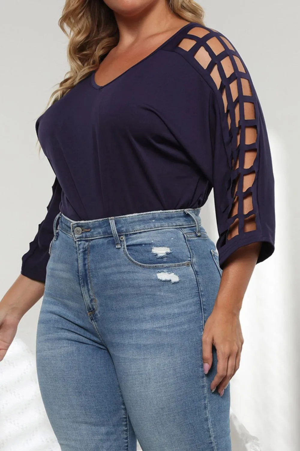 Plus Size Cutout Three-Quarter Sleeve Blouse, image 2