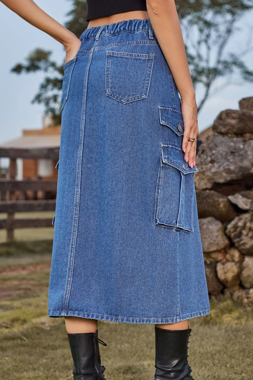 Slit Front Midi Denim Skirt with Pockets, image 2