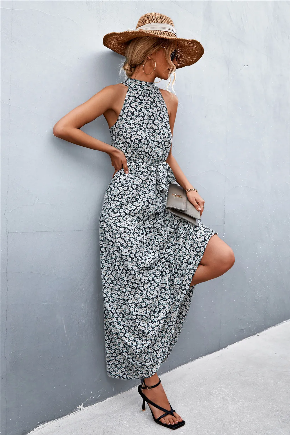 Printed Sleeveless Tie Waist Maxi Dress, image 4