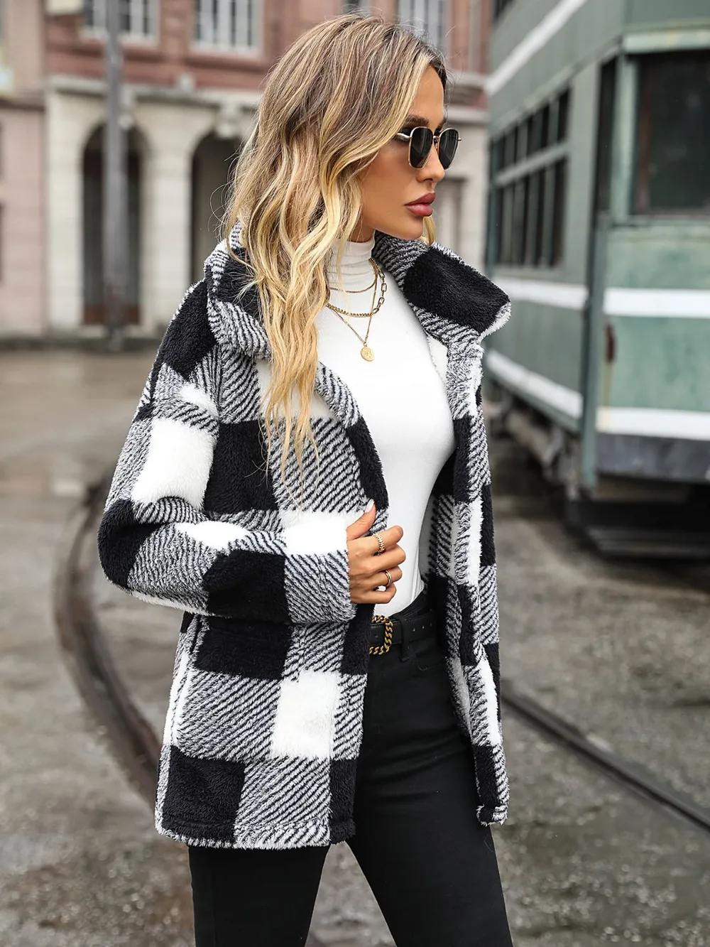 Plaid Collared Neck Button Down Jacket, image 3