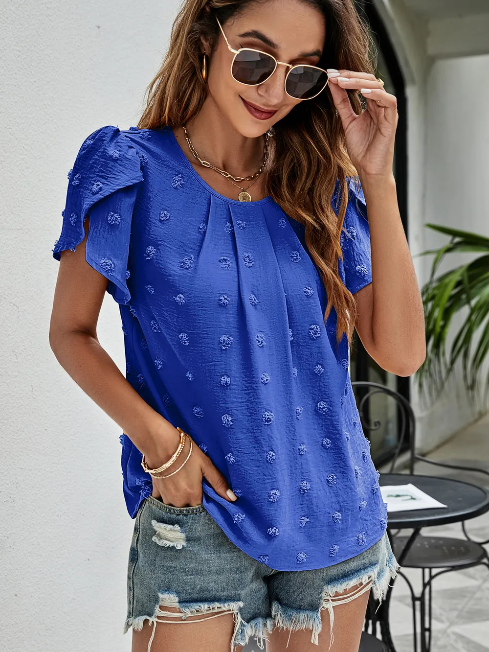 Swiss Dot Round Neck Petal Sleeve Top, image 23
