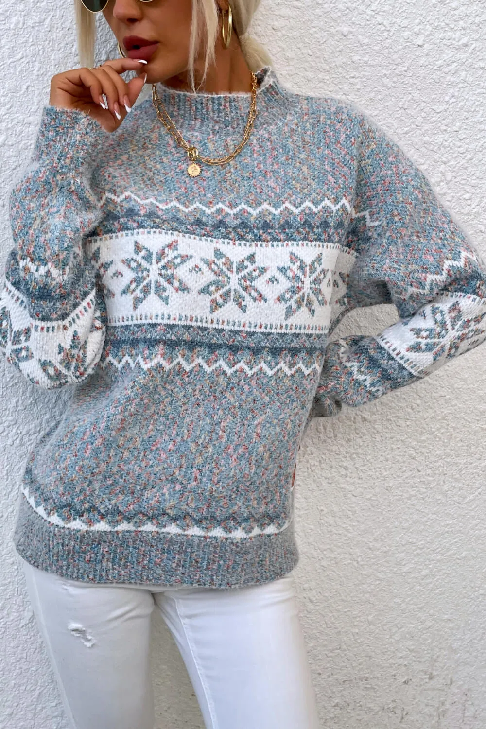 Snowflake Pattern Mock Neck Sweater, image 5