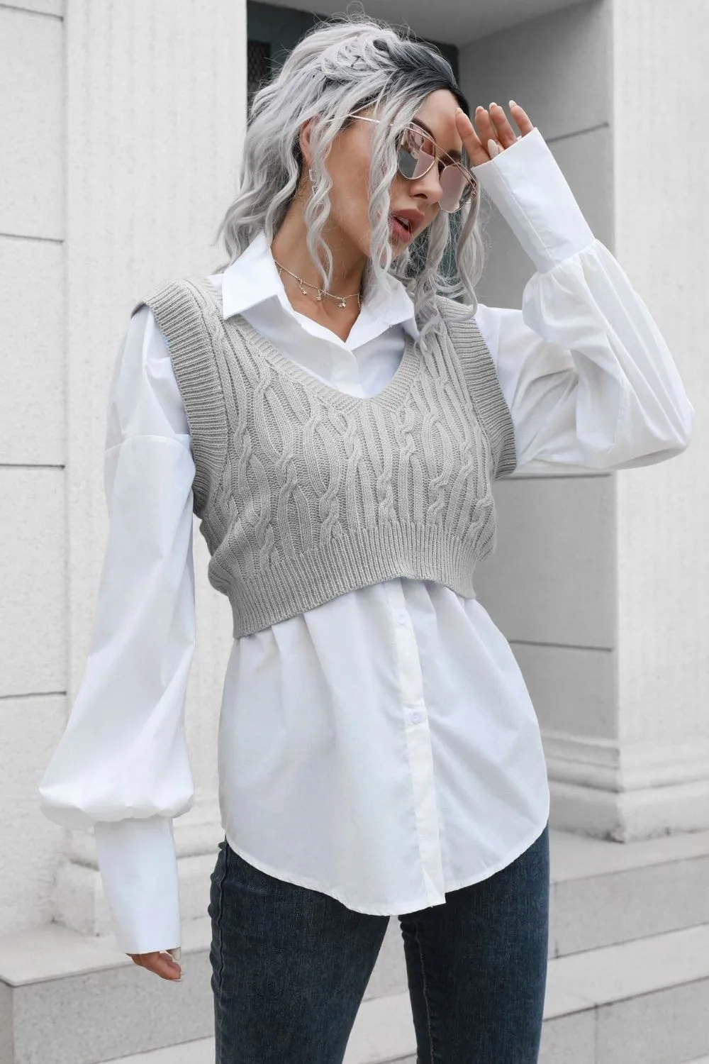 Cable-Knit Deep V Cropped Knit Vest, image 9