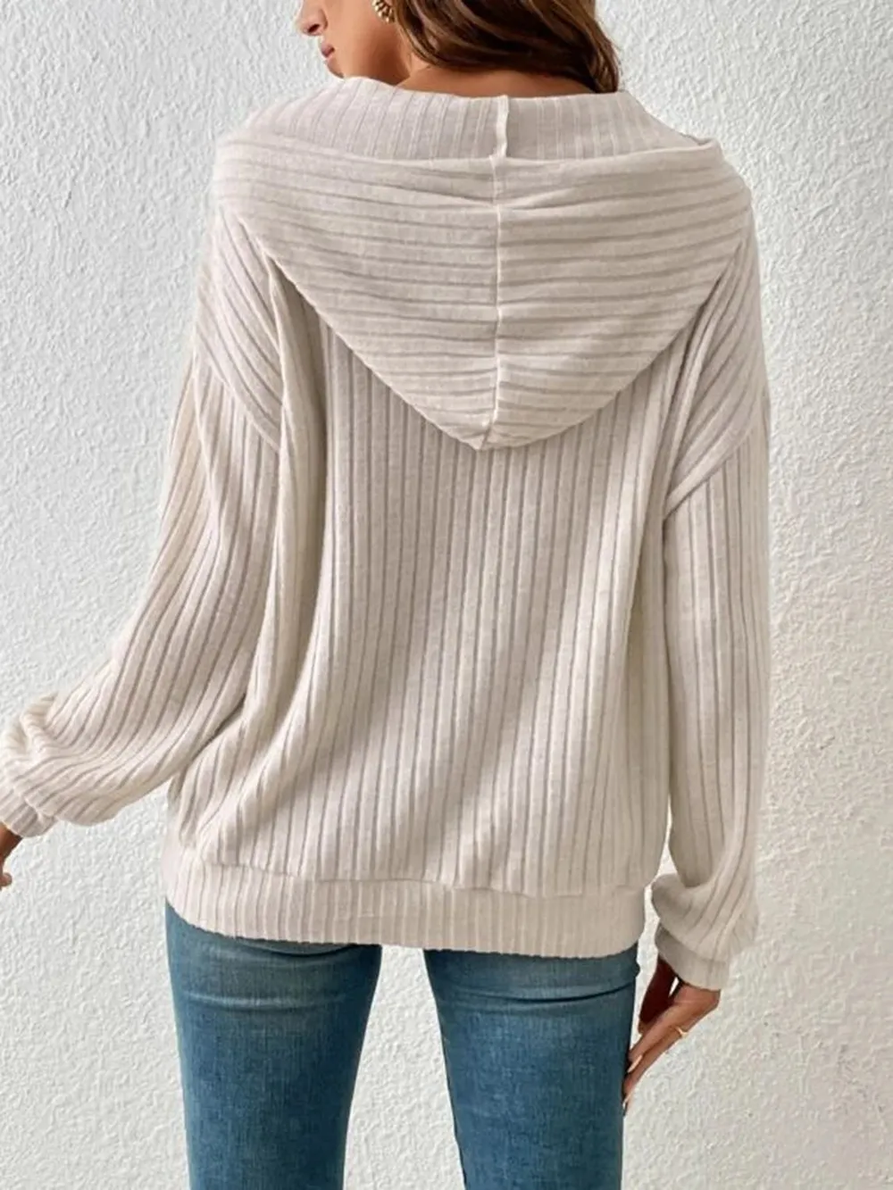 Ribbed Dropped Shoulder Drawstring Hoodie, image 6