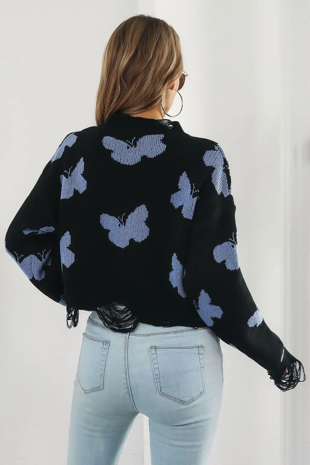 Printed Round Neck Ribbed Long Sleeve Sweater, image 3