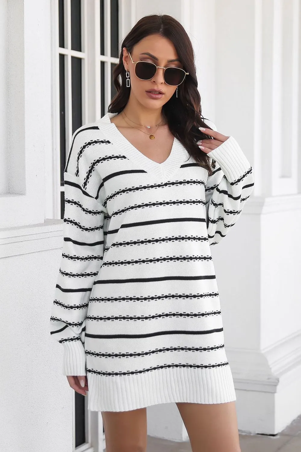 Striped V-Neck Sweater Dress, image 5